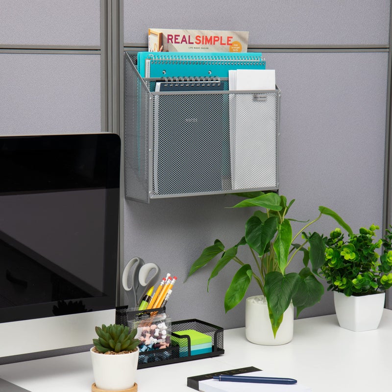 Mind Reader Vertical File Storage, Desktop Organizer, Wall Mount, Office, Metal Mesh, 12.5"L x 3.75"W x 11.5"H, Silver - Image 2